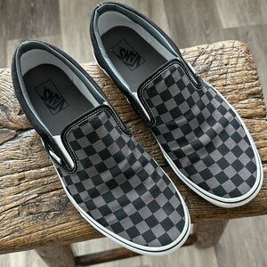 Vans classic slip-ons. Black and gray checkerboard.